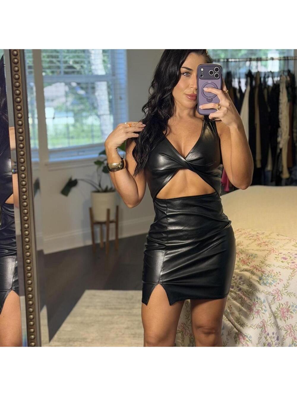 Faux Leather Cutout Mini Dress Y2K Clubbing Night Out Bodycon Dress - Picture 2 of 8